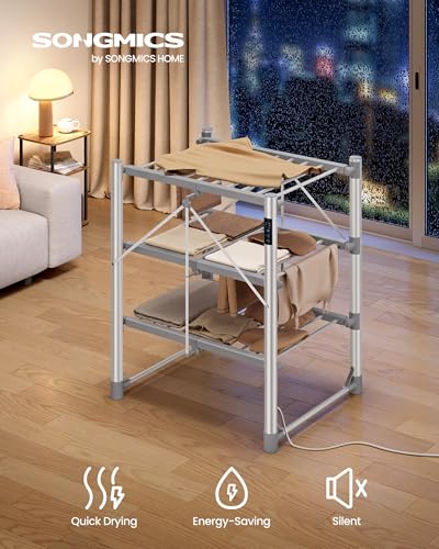SONGMICS Heated Clothes Airer, 3-Tier Large Electric Clothes Dryer Rack, Foldable, Indoor Drying for Laundry, Control Panel, with Fabric Cover, Aluminium Alloy, Silver LLR705EZ01 - Image 2