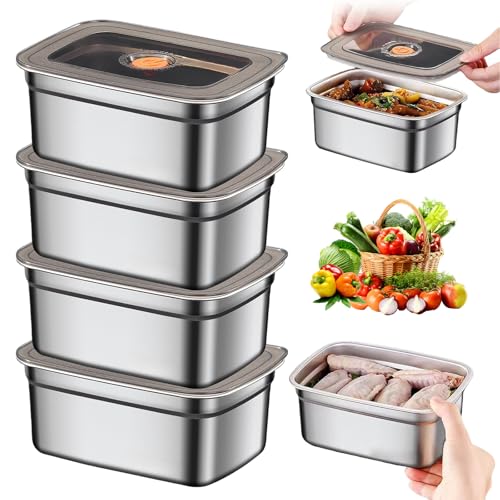 Vegena 4 Pièces Boîtes De Conservation Alimentaire, 1000ML Boite Alimentaire Inox Avec Couvercle, Meal Prep Récipients Alimentaires, Boîtes De Conservation...