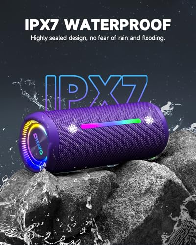 Image of OHAYO Bluetooth Speaker, Portable Wireless, IPX7 Waterproof, Powerful 25W Sound, 24H Playtime, Dual Pairing, Active Bass, Colorful Lights, Bluetooth 5.3, Outdoor Speakers for Home /Party /Beach, Purple