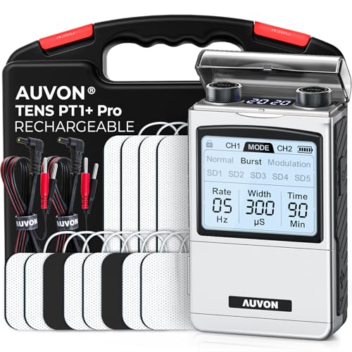 AUVON Rechargeable TENS Unit Muscle Stimulator, FSA HSA Eligible, Digital TENS Machine with 8 Customizable Modes, Electronic Massager for Sciatica, Shoulder & Back Pain Relief, 12 Pads, A Carry Case