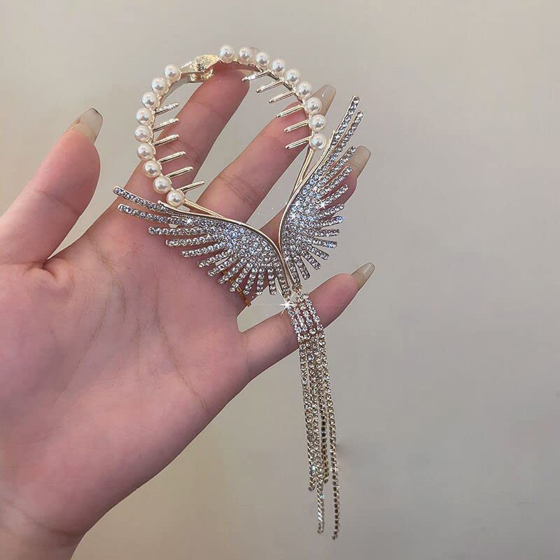 Tassel Ponytail Hairpin,Angel Wings High Rise Ponytail Hair Buckle Hairpin Fashion Diamond Tassel Pendant Hair Clip Pearl Luxury Hair Pins Shiny Hair Accessories for Women Girls image 5