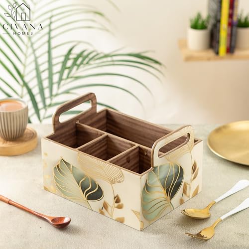 Image of CivanaHomes Wooden Cutlery Holder with Gold Engraving | Pack of 1 | Size : 9 x 7 x 5.5 inch | Enamel Coated Waterproof | Cutlery Holder for Dining Table | (White Leaf)