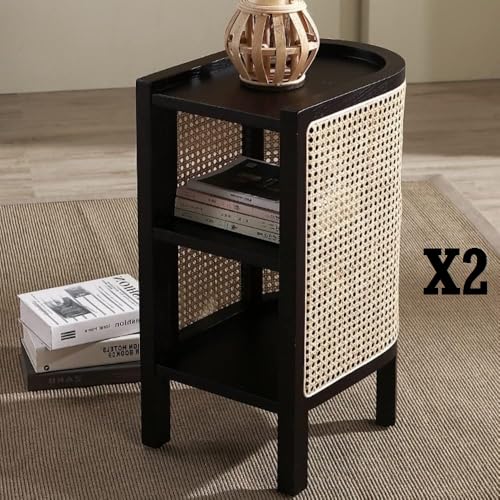 Image of DEMIWALL Solid Wood Bedside Table Sideboard with Storage Function Living Room Solid Wood Side Table for Bedroom Living Room | Set of 2 | (Black)