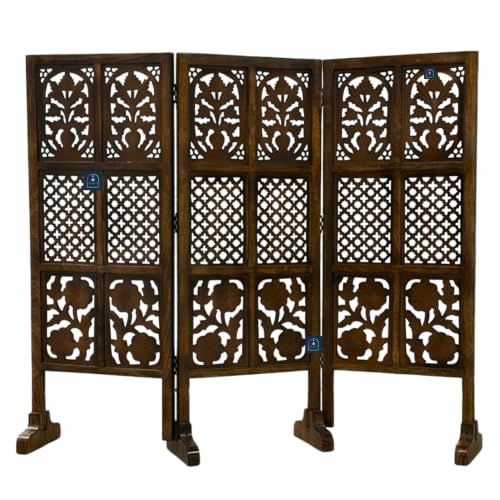 Image of Wooden Room Partition Screen with Burnt Wood Finish | Hand Buffed Traditional Handicraft Room Divider | 6 Ft Height Indoor Room Separator (3 Panel 4 Feet with Stands)