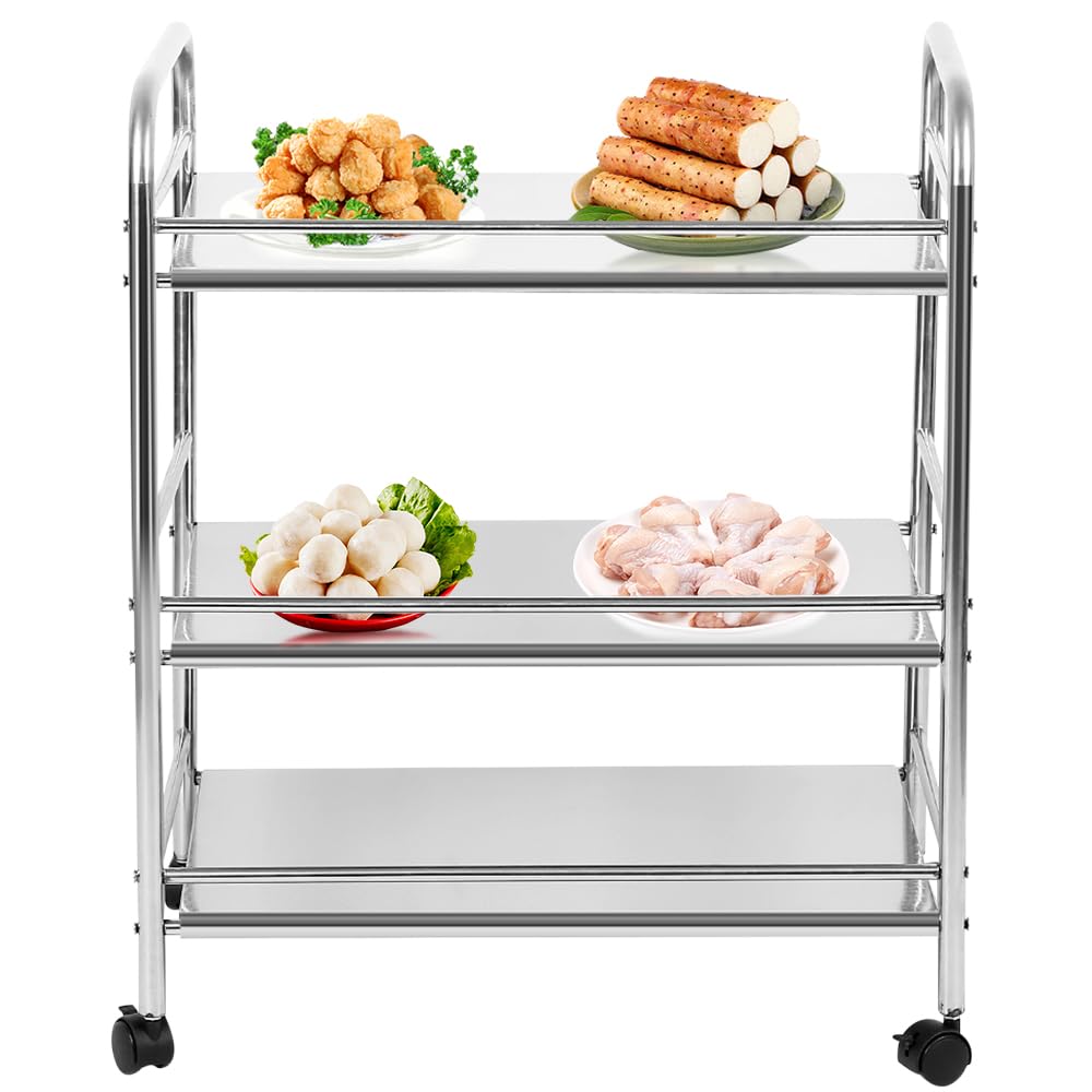 Carro de almacenamiento de cocina de 3 niveles, de acero inoxidable, carrito de servicio rodante con rueda de bloqueo para cocina, hoteles, restaurantes y hogares de cuidado-61*36*75 cm-plata