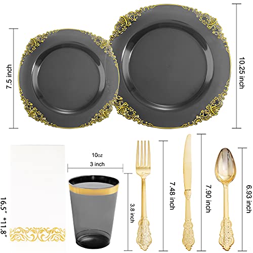Nervure 175Pcs Clear Black Plastic Plates - Gold Plastic Plates Sets For 25 Guests Include 25Dinner Plates, 25Dessert Plates, 25Cups, 25Forks, 25Knives, 25Spoons, 25Napkins For Parties & Wedding #TOP5