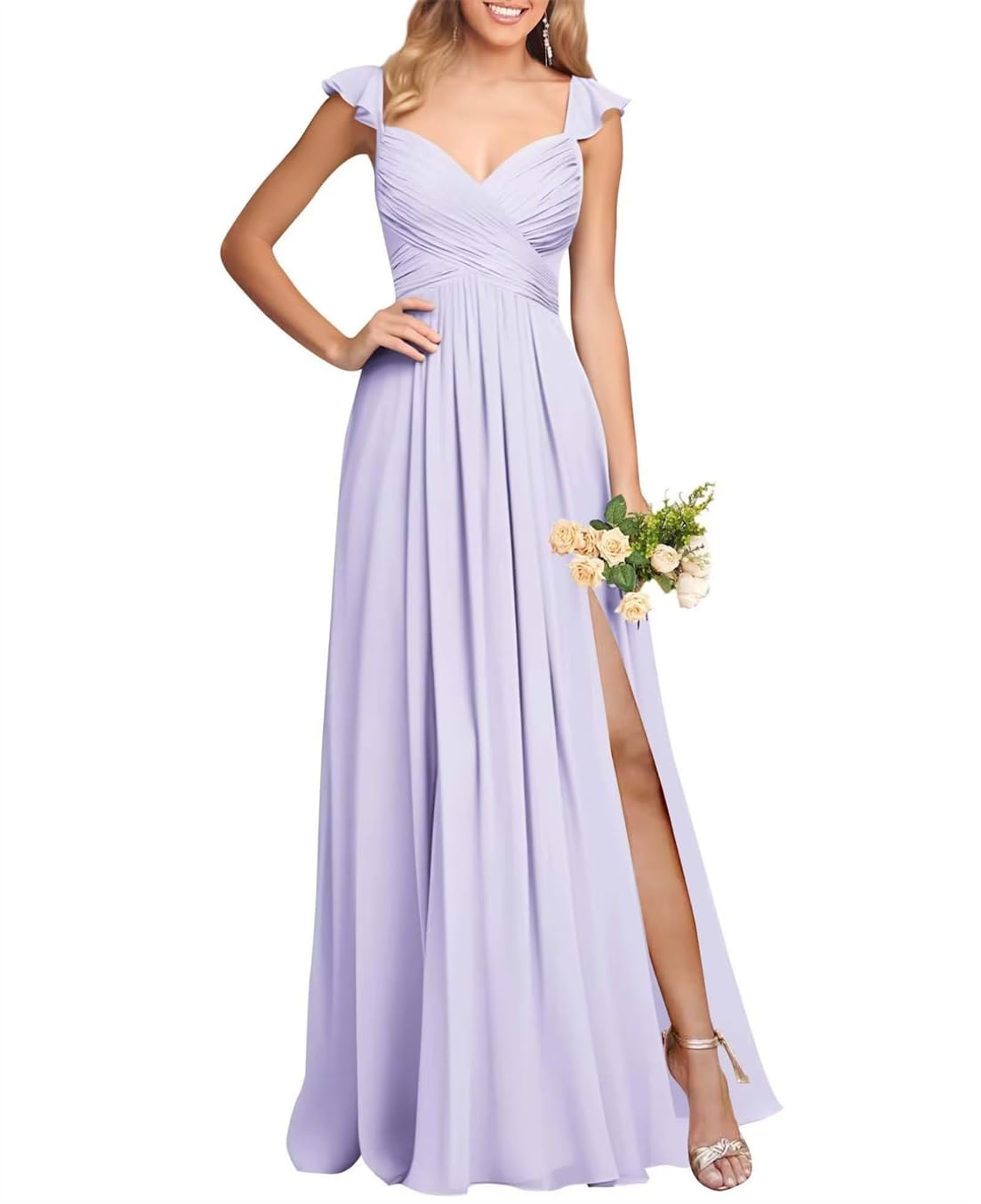 Yiann Women's Lilac Maid Of Honor Gowns For Pleated Long Wedding Guest Evening Gown With Slit Yiax68 Uk18