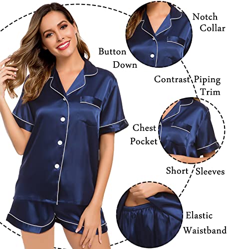 Image of LecGee Womens Silk Satin Pajamas Short Sleeve Loungewear Two-Piece Sleepwear Button-Down Pj Set