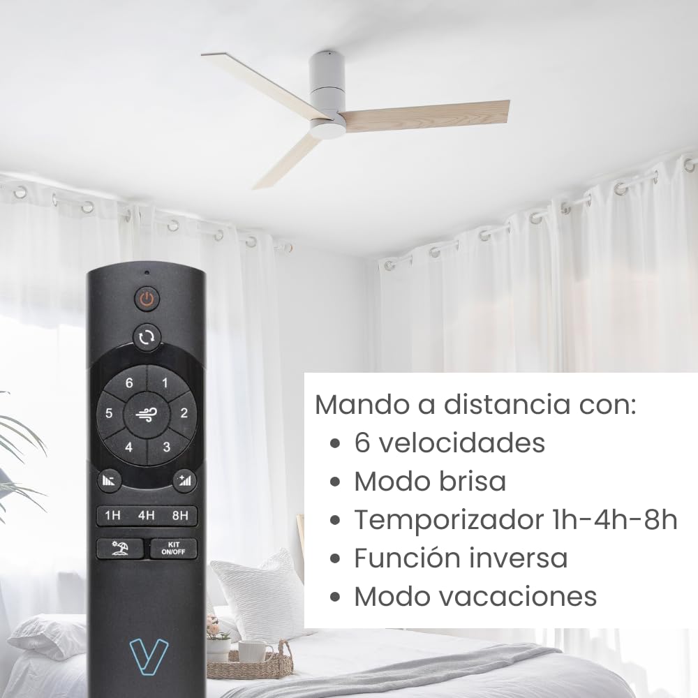 / HYBRID/Ventilador de techo blanco y palas reversibles blanco-arce Ø120 cm/Ultra Silencioso, bajo consumo, 6 Velocidades, Mando a Distancia, Verano-Invierno, temporizador, modo brisa