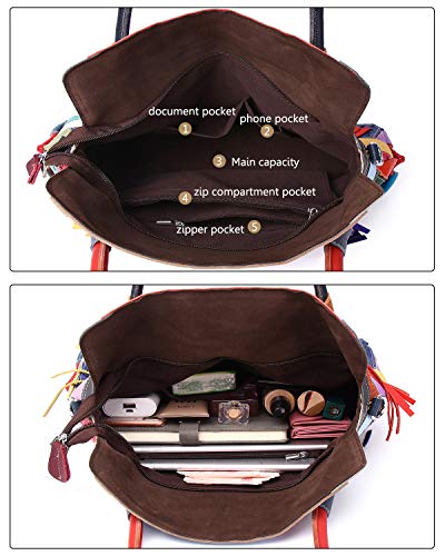 Women Genuine Leather Tote Multicolour Patchwork Hollow Shoulder Handbag Purses3