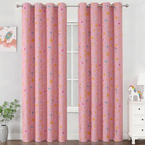 Image of Unicorn & Rainbow Pink Room Darkening Curtains 84 Inch Long for Girls Room | Estelar Textiler Star Moon Kids Blackout Curtains for Nursery,Grommet Thermal Insulated Drapes for Playroom,52Wx84L,2 Panels