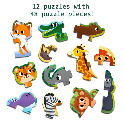 Image of Superplay Jungle Animal Puzzle Set for Kids - 12 Jigsaw Puzzles, 48 Pieces | 3 Levels Step-by-Step Learning, Preschool Educational Toy for Boys & Girls, Travel Friendly, Gifts for Ages 3, 4, 5, 6
