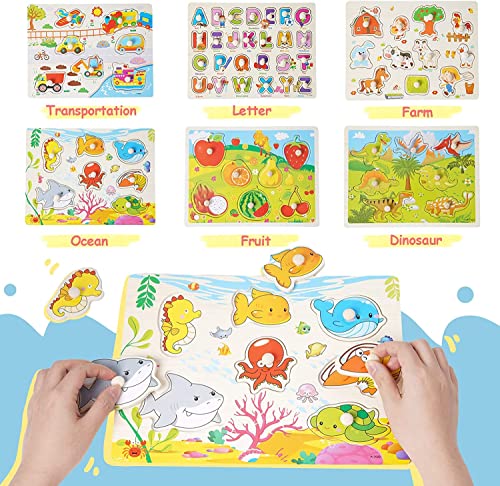 Wooden Peg Puzzles for Toddlers 6 Pack Wooden Jigsaw Set for Kids Alphabet Vehicles, Ocean, Dinosaur, Fruits and Farm - Image 2