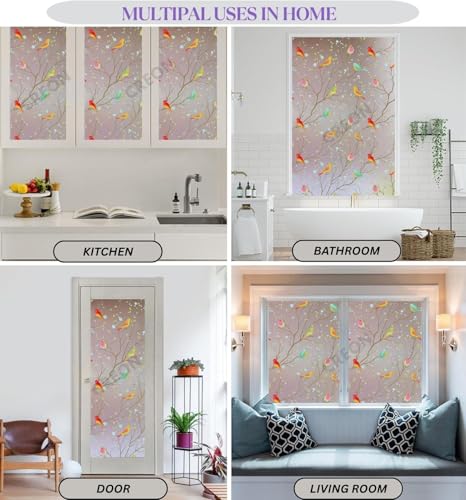 Image of CREON Privacy Window Film Bird Frosted (24 X 200 Inch) Non-Adhesive UV Blocking Front Glass Window Cling for Bathroom Privacy Sticker