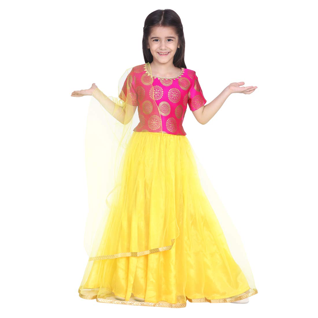 BownBeeGirls Silk Blend Jacquard Net Lehenga Choli Indian Traditional Ethnic Dress for Kids with Half Sleeves, Round Neck, Dresses for Baby Girl, Ideal for All Festive Occasions