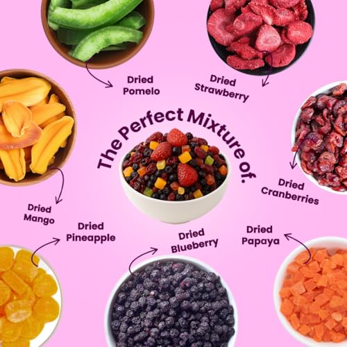 Image of Livyor 7 in 1 Dried Fruits and Berry Mix for eating - 400g | Good Source of Fibre | Dried Cranberries | Pineapple | Pamelo | Papaya | Blueberries | Strawberries | Mango | Fruits & Berry Blast | Berries dry fruits | Berries fresh | Pack of 1