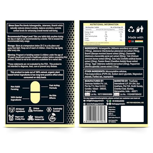 Image of HappyMind Botanicals Stress Ease Pro | Ayurvedic Stress relief, Anti-anxiety & Cortisol Support Tablets | Serotonin, Mood Booster & Balances Emotions | Ashwagandha, Jatamasi, Brahmi | 60 Vegan Tablets