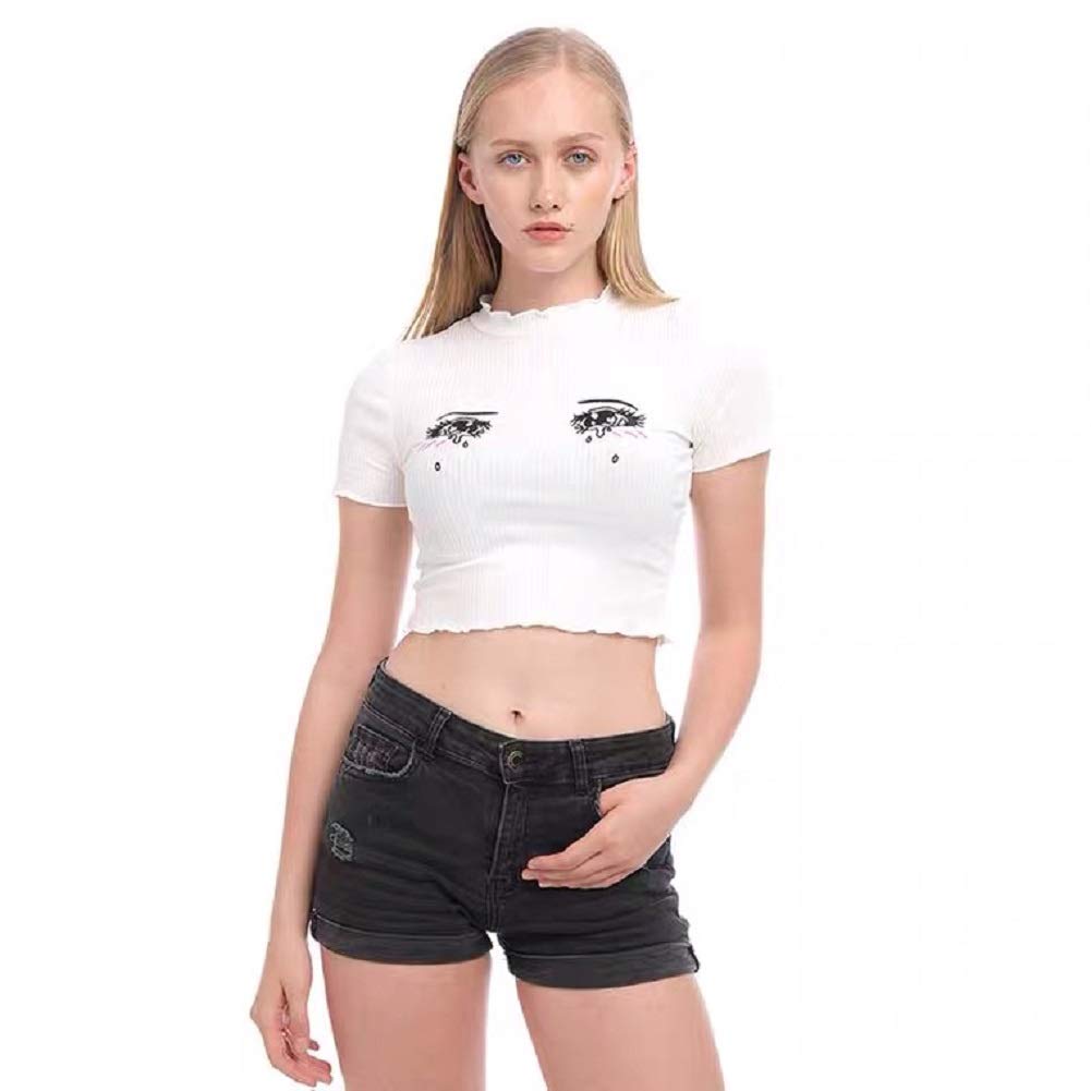 LJJPMLLPZWomen's Knitted Round Neck Short Sleeve top，Cute Nine-Point T Shirt-Kawaii