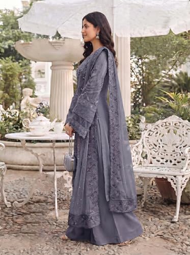Image of RUDRAPRAYAG Women's Georgette Fabric Wih Embroidered Sequence Work And On Neck Moti Hand Work Semi Stitched Sharara Salwar Suit With Dupatta Set