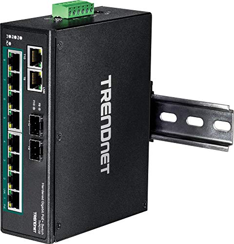 Image of TRENDnet 10-Port Industrial Gigabit PoE+ DIN-Rail Switch, TI-PG102, 8 x Gigabit PoE+ Ports, DIN-Rail Mount, 2 x SFP Slots, 240 W PoE Power Budget, Network Switch, IP30, VLAN, QoS, Renewed