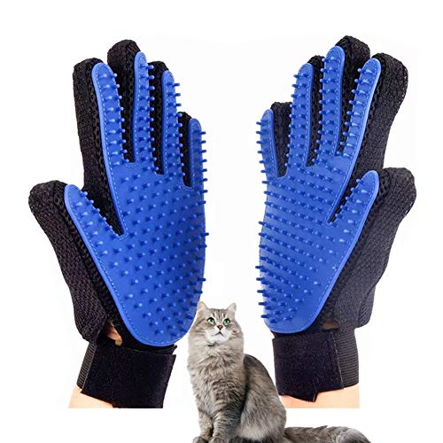 BOSSTTOS Upgrade Version Pet Grooming Glove - Gentle Deshedding Brush Glove - Efficient Pet Hair Remover Mitt - Enhanced Five Finger Design - Perfect for Dog & Cat with Long & Short Fur - 1 Pair Blue