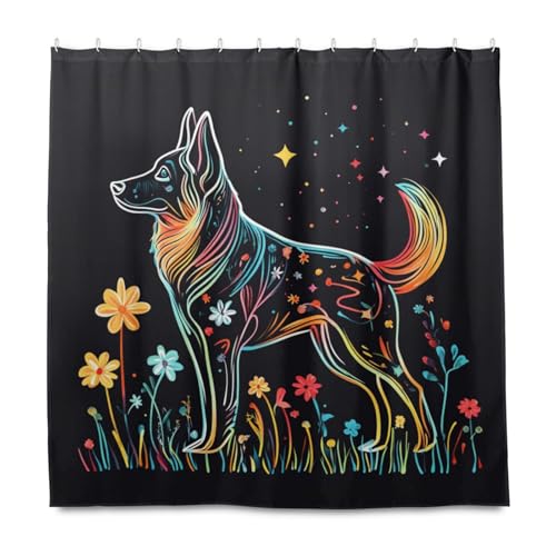 KLL Cortina de ducha decorativa con diseño de perro pastor alemán, tela resistente al agua, con gancho, material de poliéster, lavable a máquina, cortina de ducha para baño, decoración de otoño