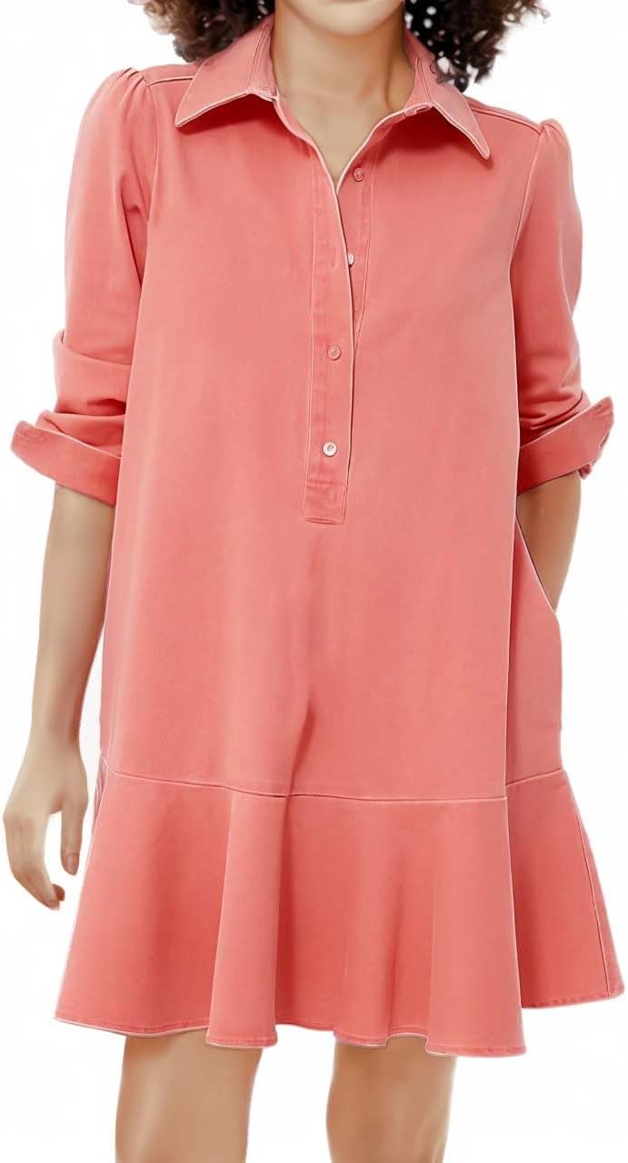 Women's Long Sleeve Denim Shirt Dress Button Down Ruffle Flowy Collared Mini Shift Drop Waist Jean Dresses