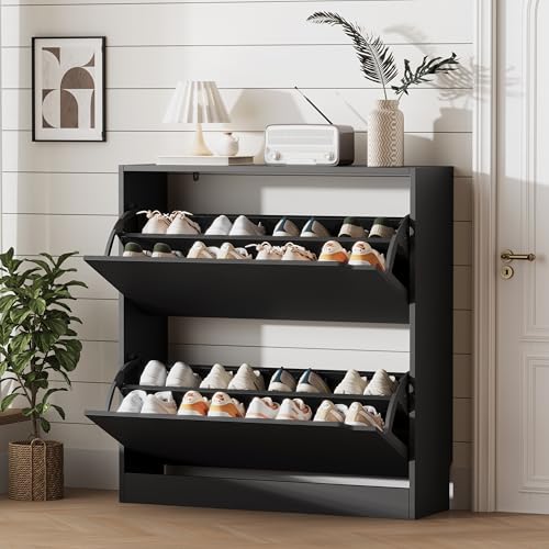 Image of Xixini Shoe Storage Cabinet for Entryway with 2 Flip Drawers, Wood Freestanding Hidden Shoe Storage, Sturdy Narrow Slim Shoe Organizer for Front Door Entrance, Living Room, Hallway, Bedroom, Black
