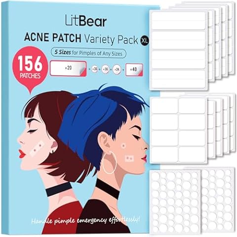 LitBear Large Pimple Patches, 5 Sizes 156 Patches Big Acne Patches, 60 XL Hydrocolloid Bandages for Full Face, Forehead, Chin, Nose, Body, Back, Neck & Chest, Stirp, Square Large hydrocolloid Patch Cover