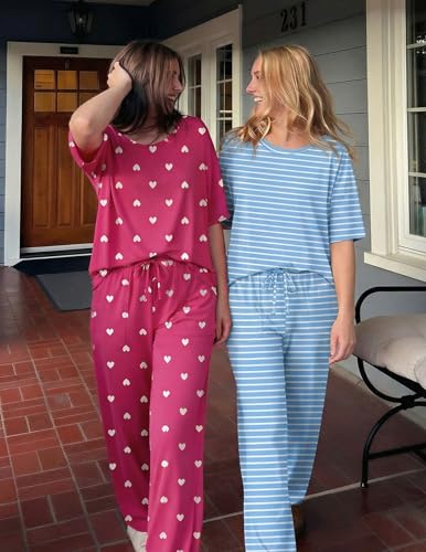 Image of Ekouaer 2 Pack Womens Pajamas Sets Short Sleeve Long Pants Pjs Lounge Set