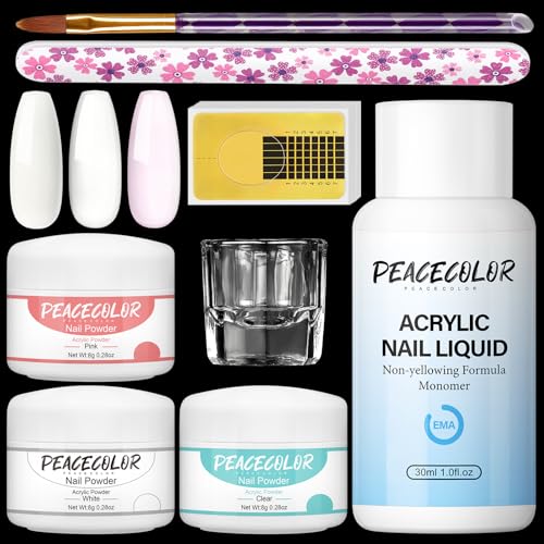 PEACECOLOR Acrylic Nail Kit for Beginners White Clear Pink Colors Acrylic Powder and Liquid Set Nail Art Brush Nail Extension Carving