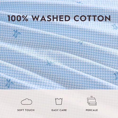 Image of Laura Ashley - Full Size Sheet Set, Soft & Lightweight Cotton Percale Bedding with Matching Pillowcases, Deep Pocket, Coastal Room Decor, College Dorm Room Essentials (Turtle Gingham Blue)