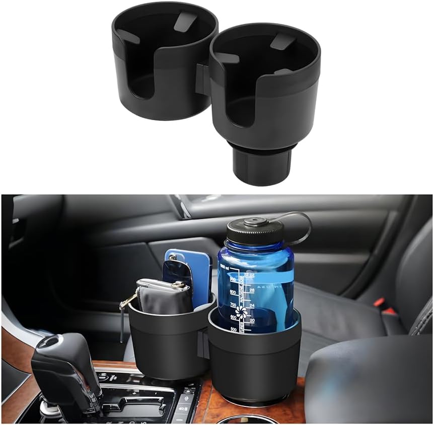 Car Cup Holder Expander, 2 in 1 Multifunctional Vehicle Dual Water Bottle Holder Adapter Extender with Adjustable Base, Automotive Interior Drink Cup Insert, Universal Fit (Black)