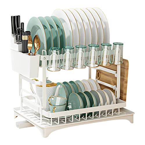 Escurreplatos de 2 niveles con boquilla de drenaje giratoria, estante de secado que ahorra espacio con soporte para cubiertos, portavasos y almacenamiento para tablas de cortar para cocinas pequeñas
