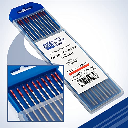 Image of Midwest Tungsten Service TIG Welding Tungsten Electrodes 10-Pack (Red - 2% Thoriated Tungsten (WT20 /EWTh-2), 1 /16 inch)