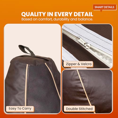 Image of Sattva Classic 4XL Bean Bag Chair with Beans Filled | Sofa Style Faux Leather Beanbags with Beans Filling | Comfortable Bin Bags Sofa for Adults & Teens, Living Room & Office | Brown with Beige Piping