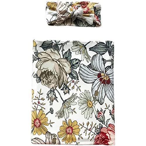 Image of Milkmaid Goods Baby Swaddle Blanket & Matching Headwear Set, Newborn Receiving Blanket, Gender Neutral, Buttery Soft & Breathable Fabric, Large W/Extra Stretch for Easy Wrapping (Headband, Hattie)