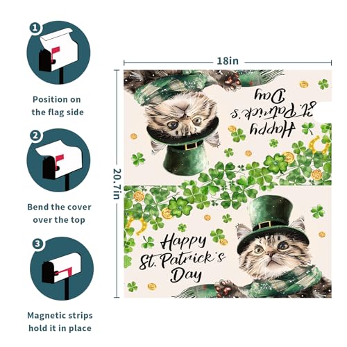 Image of Patrick Cat Magnetic Mailbox Cover 21x18 Inch Happy St. Patrick's Day Clover Shamrocks Kitten Mailbox Wrap Post Cover Standard Size for Garden Yard Outdoor Outside Patio Holiday Decor