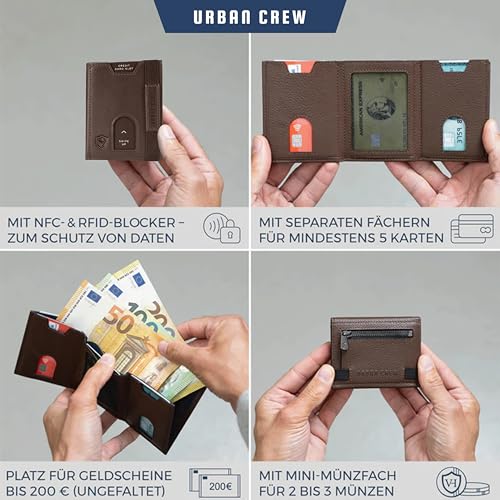 Image of URBAN CREW Smart Slim Wallet for Men - RFID Blocking Leather Card Holder with Swipe-Up Slot & Elastic Strap - Minimalist Front Pocket Wallet (Brown)