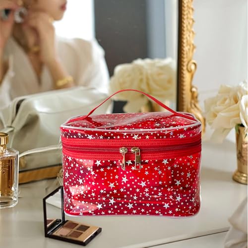 Star Print PVC Makeup Bag with Handle - 8.66 * 5.51 * 5.51 inch,Clear Storage Bag Toiletry Pocket Portable Zippered Pouch Waterproof Cosmetic Organizer Bags for Women (Purple-L)4