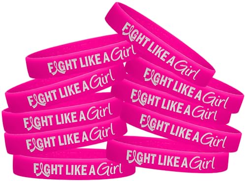 Fight Like a Girl Hybrid Silicone Wristband Bracelet for Breast Cancer Awareness (10 Pack) - Hot Pink