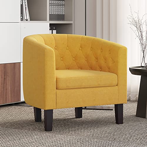 BELLEZE Yellow Accent Chairs for Living Room, Elegant Arm Chair Upholstered Tufted Barrel Chair Club Chair for Bedroom with Sturdy Legs and Linen Fabr