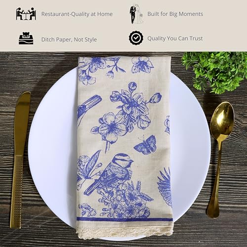 Image of FINGERCRAFT Cotton Linen Blend Table Napkins Set of 6, 20x20 Inch Blue Bird Print Cloth Napkins with Classic Lace Border, Reusable Washable Dinner Napkins for Kitchen Party Restaurants (Toile Blue)