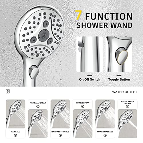 Suncleanse Bathtub Faucet Shower System: Wall Mounted 8.5" Rainfall Head Set - 7-Spray High Pressure Handheld Complete Combo - Valve With Trim Kit - Polished Chrome Tub Spout For Rain Luxury Bathroom #TOP3