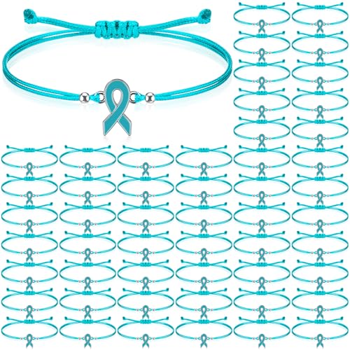 80 Pcs Ovarian Cancer Awareness Bracelets Adjustable Teal Ribbon Cord Fan Strap Braided Bracelet Inspiring Ovarian Cancer Gifts for Women Fighter