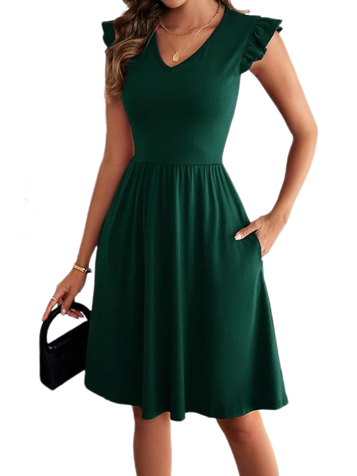 BARASA Womens Summer Dresses V Neck Ruffle Sleeveless Sundress A-line Knee Length Dress Cocktail Party with Pockets D648