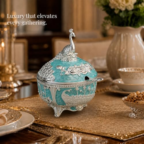 Image of Diviniti Silver Plated Peacock Sugar Pot with Lid | Decorative Storage Jar for Sugar, Mouth Fresheners & Small Items | Luxury Home Decor Piece for Dining Table, Kitchen & Gifting (Teal Blue)