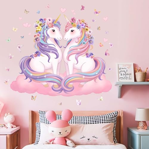 Unicorn Wall Decals for Girls Bedroom: Pink Cloud Heart Wall Stickers - Peel and Stick Vinyl Decor for Girls Kids Room Ages 1-12 Years