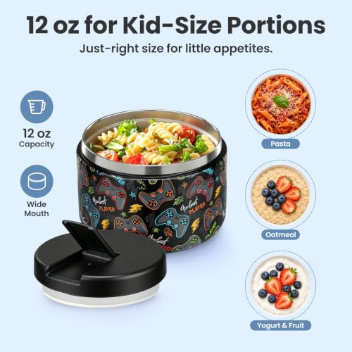 Image of Pawtong 12oz Insulated Vacuum Food Jar with Buckle Lid Wide Mouth Soup Thermo for Hot Food Kids Leakproof Stainless Steel Lunch Container (Black-Game)