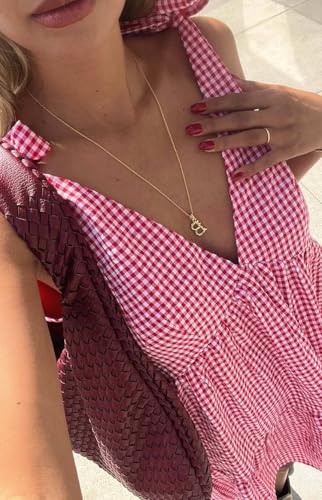utcoco Women's 2025 Summer A Line Flowy Plaid Mini Dress Y2k Tie Shoulder Babydoll Dress Beach Vacation Outfits3